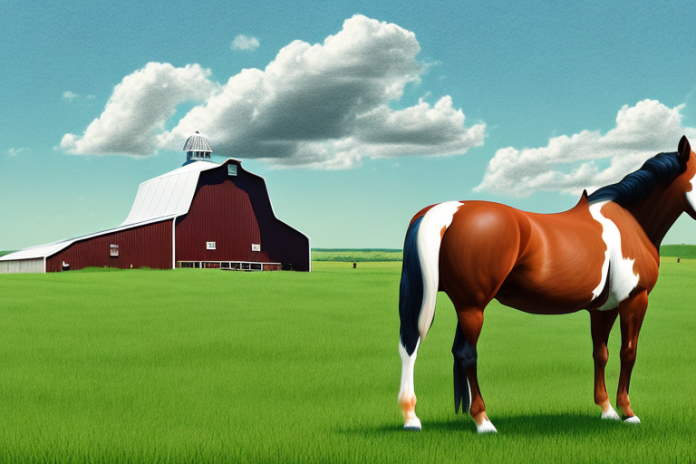 An american quarter horse from an American Quarter Horse Breeder in Richards Bay in a pasture with a barn in the background
