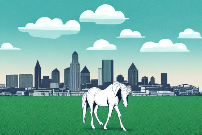 A horse from a Horse Breeder in Newcastle in a field with a newcastle skyline in the background