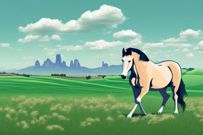 A horse from Horse Breeder in Pietermaritzburg in a field with a pietermaritzburg landscape in the background