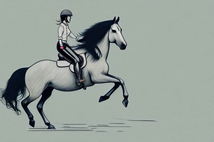A horse and rider galloping through a rural landscape