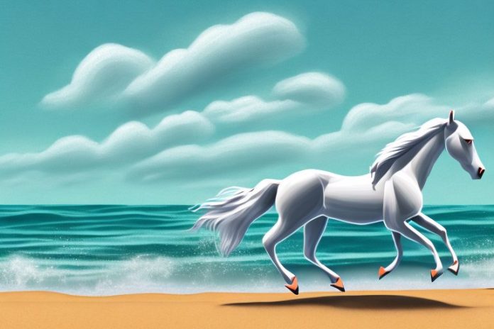 A horse galloping along a beach in amanzimtoti