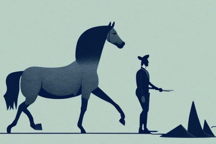 A horse and rider in a tongaat landscape