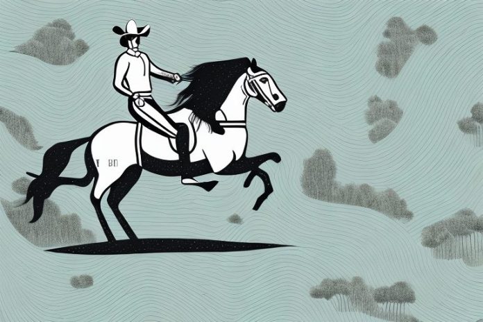 A horse and rider galloping across a westville landscape