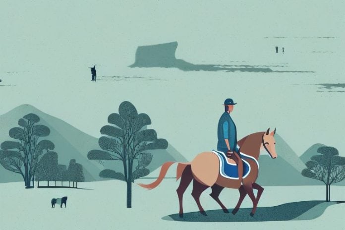 A horse and rider in a picturesque pinetown landscape