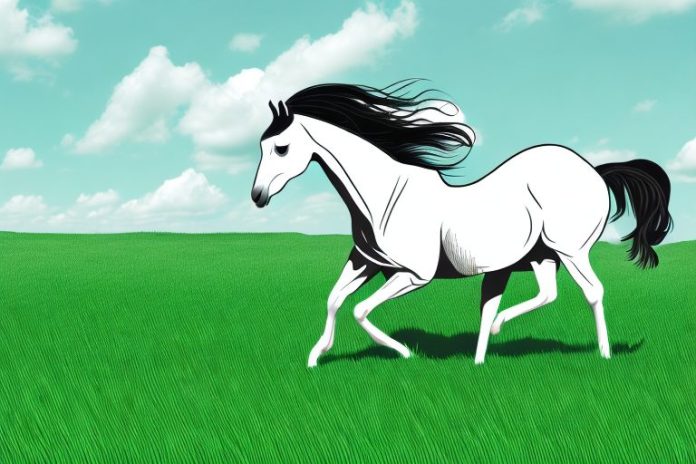 A horse galloping through a grassy field in the free state