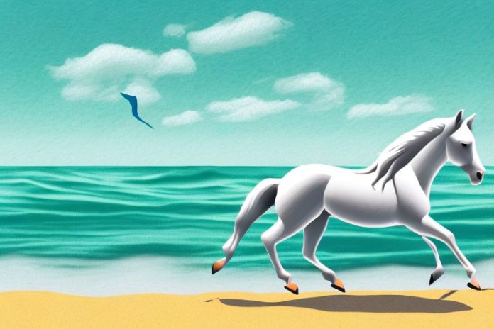 A horse galloping along a beach in jeffreys bay