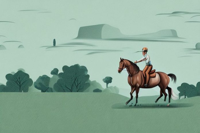 A horse and rider in a rural landscape