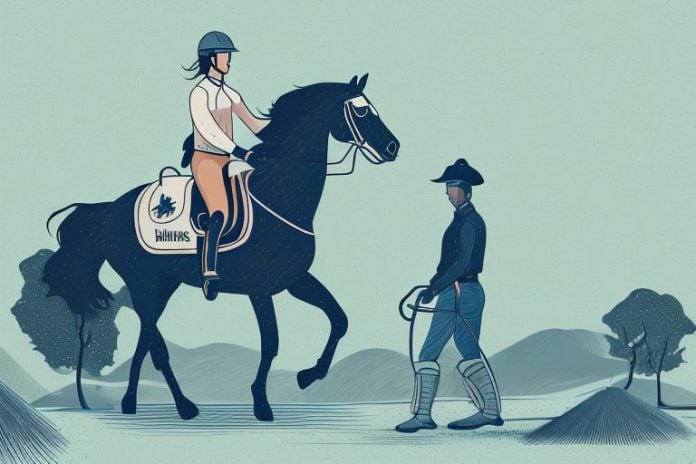 A horse and rider on a trail in the countryside