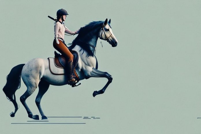 A horse and rider galloping through a rural landscape
