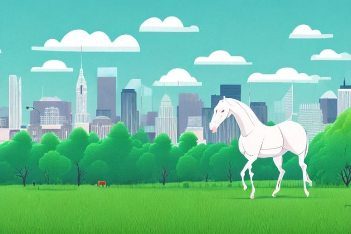 A horse in a field with trees and a city skyline in the background