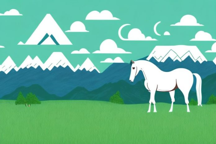 A horse in a grassy field with mountains in the background