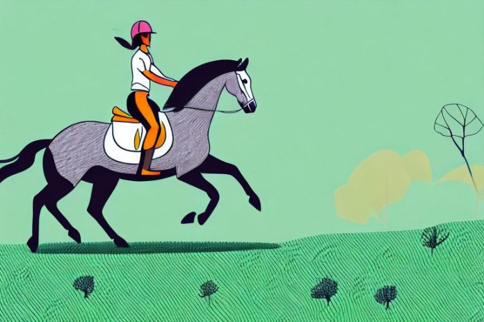 A horse and rider galloping through a grassy landscape in midrand