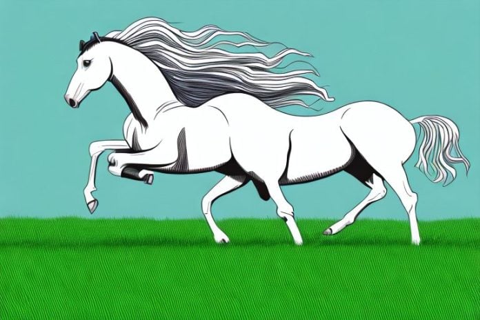 A horse galloping through a grassy field in kempton park