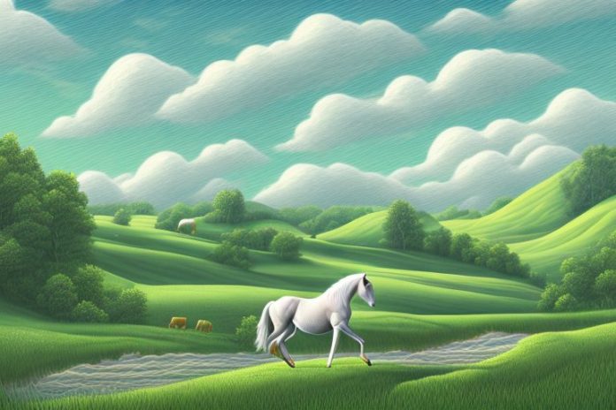 A horse in a rural landscape with rolling hills and a river in the background