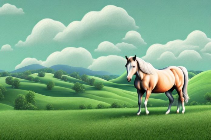 A horse in a rural landscape with rolling hills
