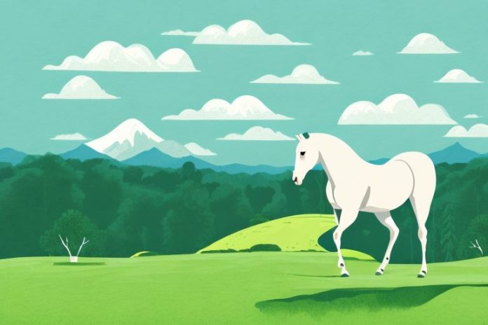 A horse in a scenic landscape with rolling hills and trees in the background