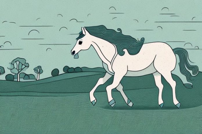 A horse galloping through a rural landscape
