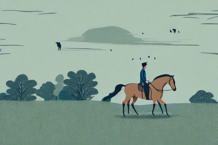 A horse and rider in a rural landscape