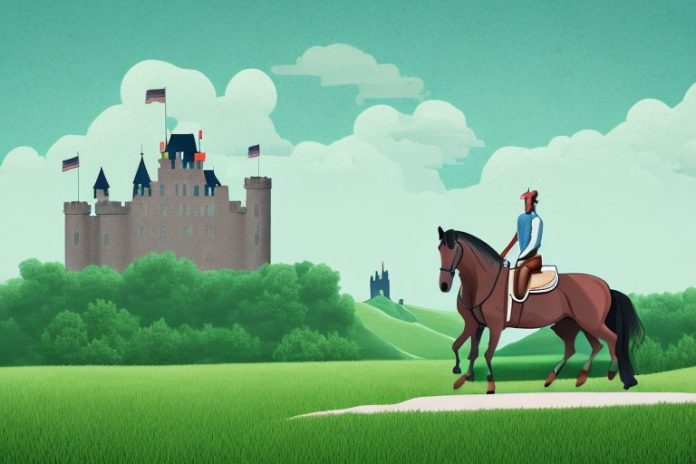 A horse and rider in a rural landscape