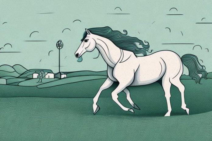 A horse galloping through a rural landscape