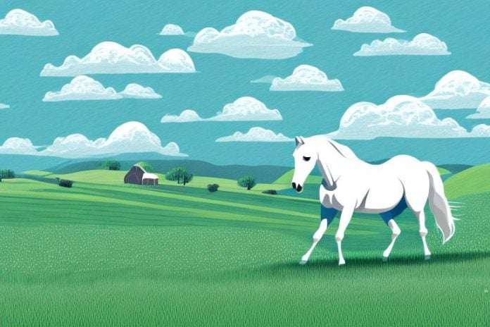 A horse in a field with rolling hills and a clear blue sky