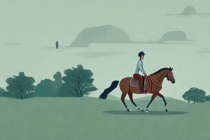A horse and rider in a rural landscape
