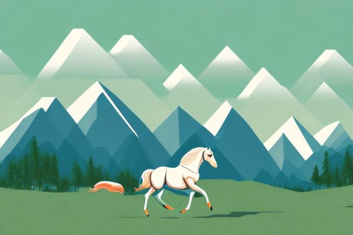 A horse galloping through a rural landscape with mountains in the background