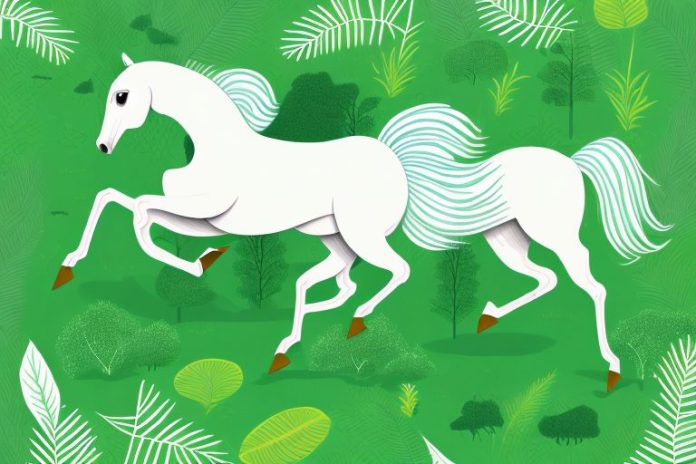 A horse galloping through a lush green forest in kathu