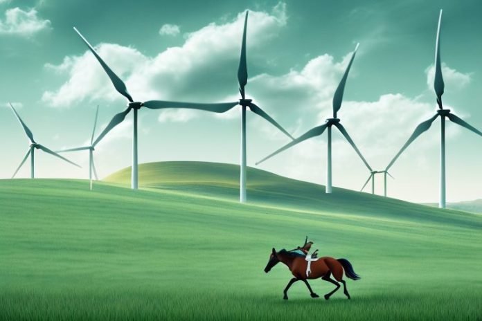 A horse galloping through a landscape of rolling hills and wind turbines near de aar