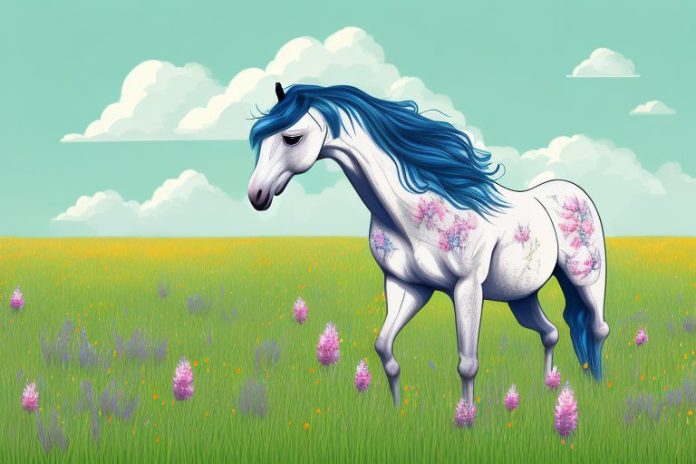 A horse in a spring meadow with wildflowers