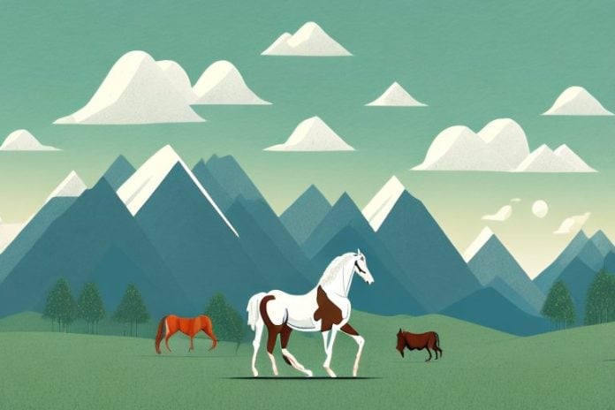 A horse and rider in a rural landscape with mountains in the background