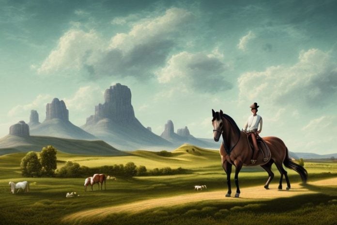A horse and rider in a rural landscape