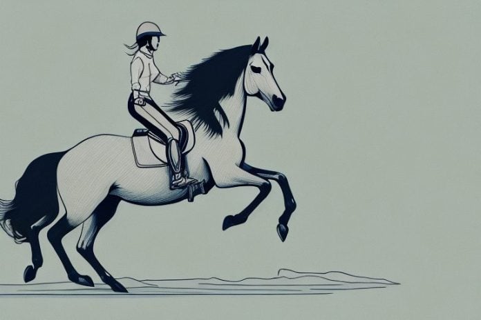 A horse and rider galloping through a rural landscape