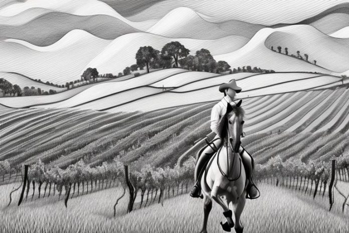 A horse and rider galloping through the vineyards of stellenbosch