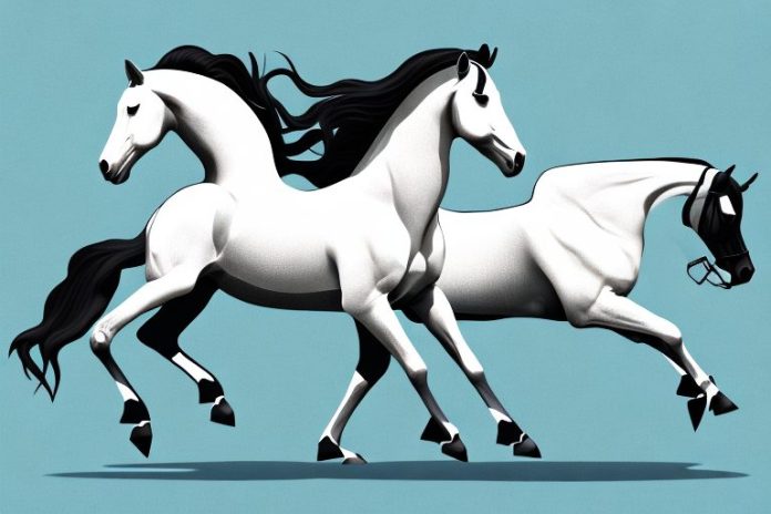 A friesian horse in a riding pose