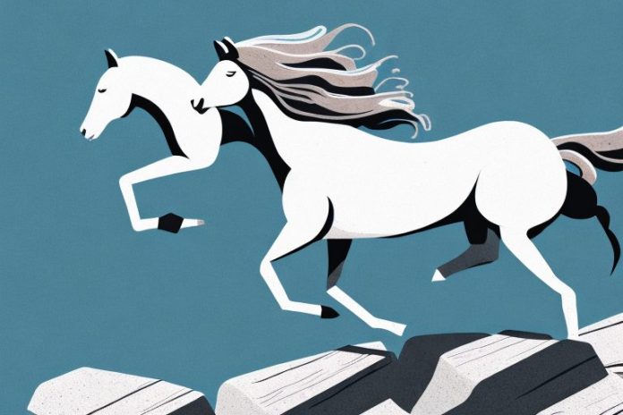 A majestic horse galloping through a rocky mountain landscape