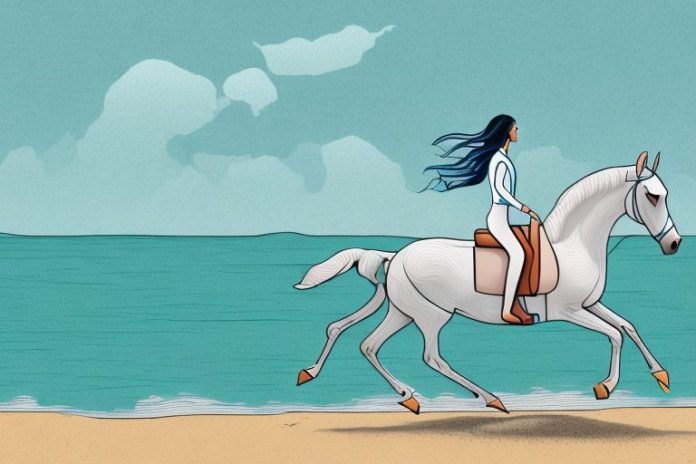 A horse and rider galloping along a beach in mossel bay