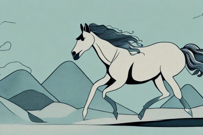 A horse galloping through a desert landscape