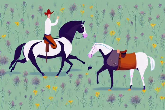 A horse and rider in a field of wildflowers