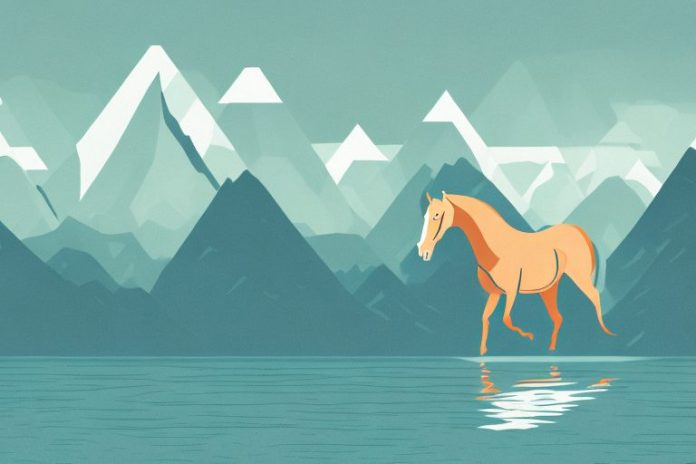 A horse standing in a fjord surrounded by mountains and water