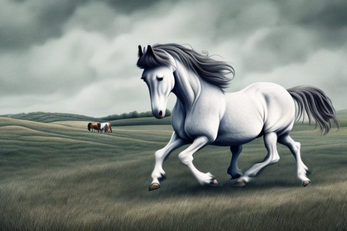 An irish draught horse in mid-gallop