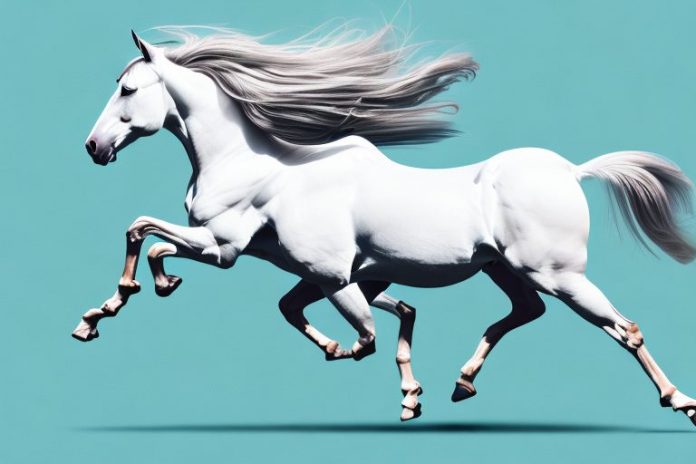 A trakehner horse in mid-gallop