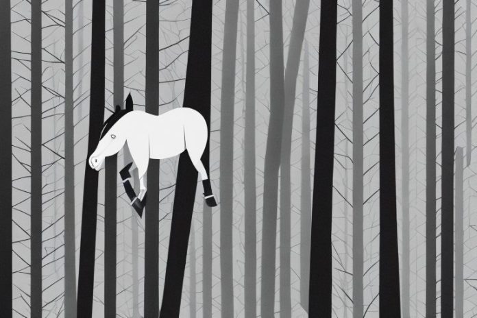 A horse galloping through a forest of tall black trees