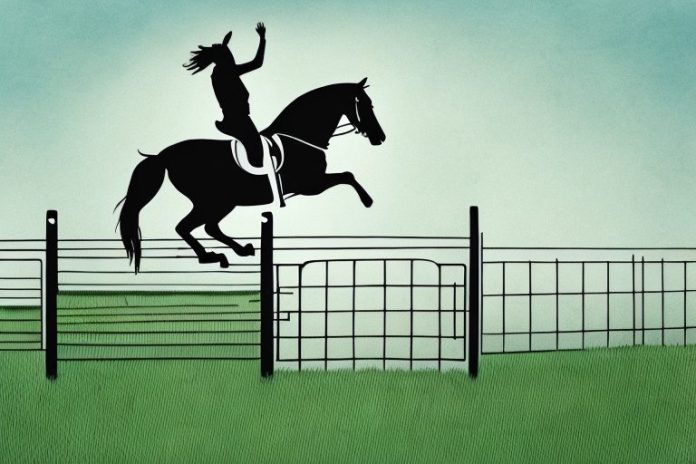 A horse and rider jumping over a fence in a rural landscape