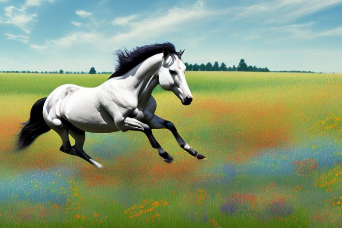 An american quarter horse galloping through a field of wildflowers in ladysmith