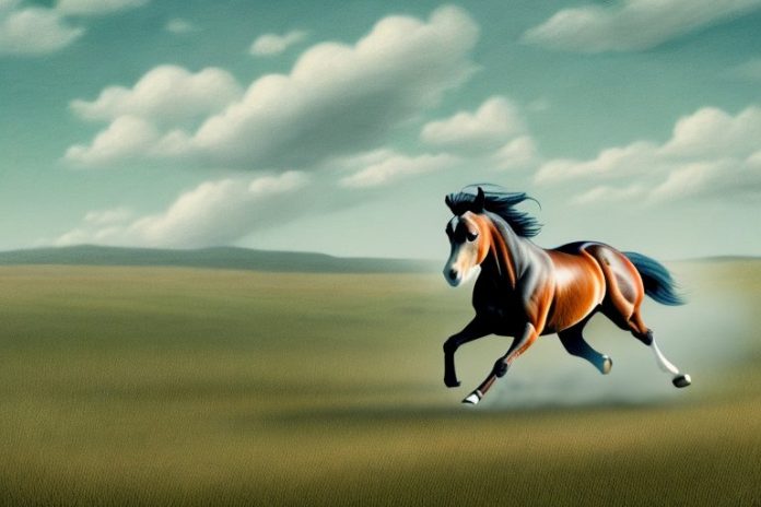 An american quarter horse galloping through a rural landscape in mthatha