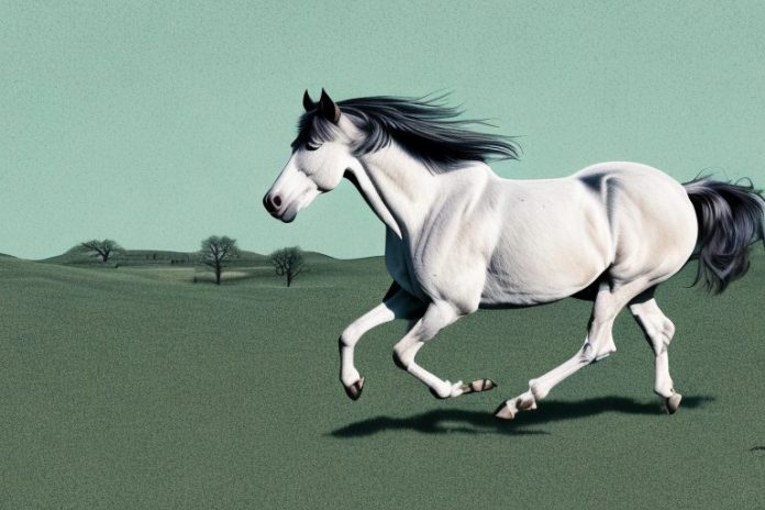 An american quarter horse galloping through a rural landscape in bisho