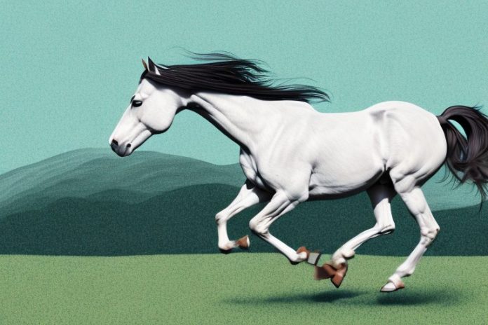 An american quarter horse galloping through a rural landscape