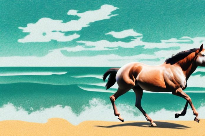 An american quarter horse galloping through a beach landscape in jeffreys bay
