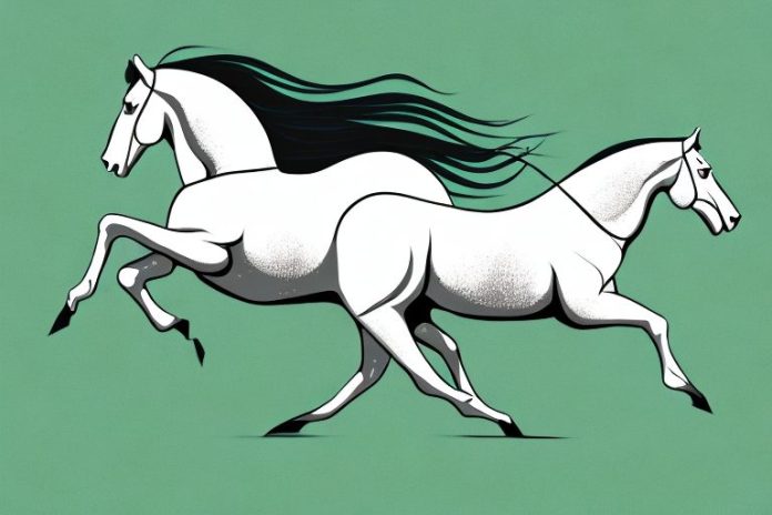 A horse and rider galloping across a grassy field in bloemfontein